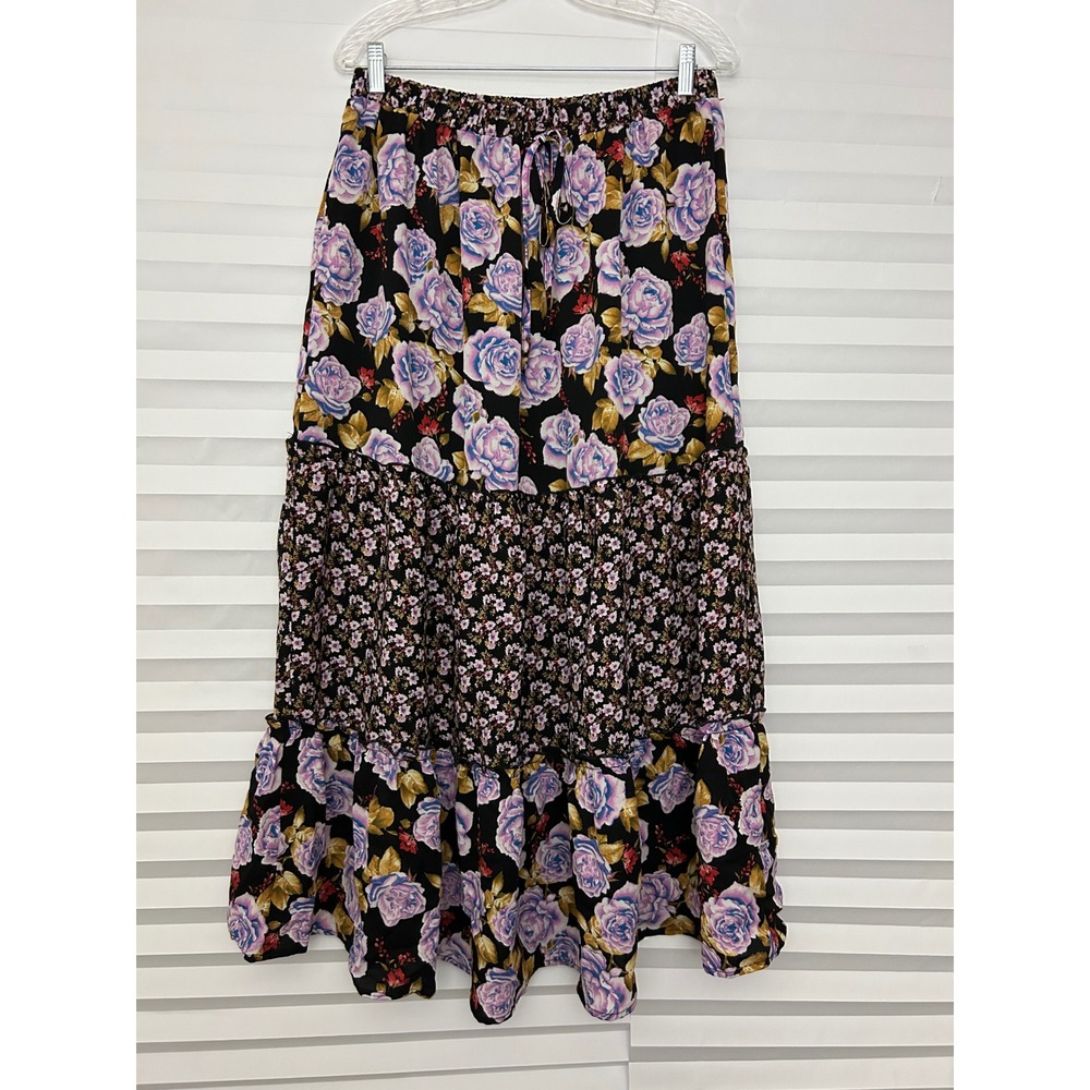 Ember Floral‎ Tiered Maxi Skirt XL Black Purple Mixed Print Boho Cottagecore